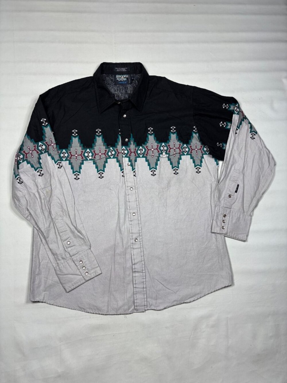 Vintage Brooks & Dunn Panhandle Slim Aztec Colorblock Pearl Snap Cotton Shirt XL